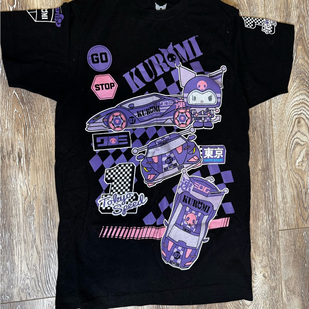 Kuromi Black Short Sleeve Graphic Tee - Pink & Purple Racing Print